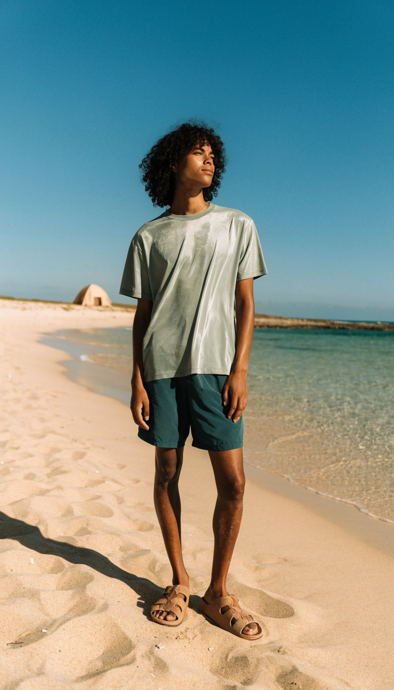 Person in quick-dry tee, swim shorts and sandals on sunny beach camp