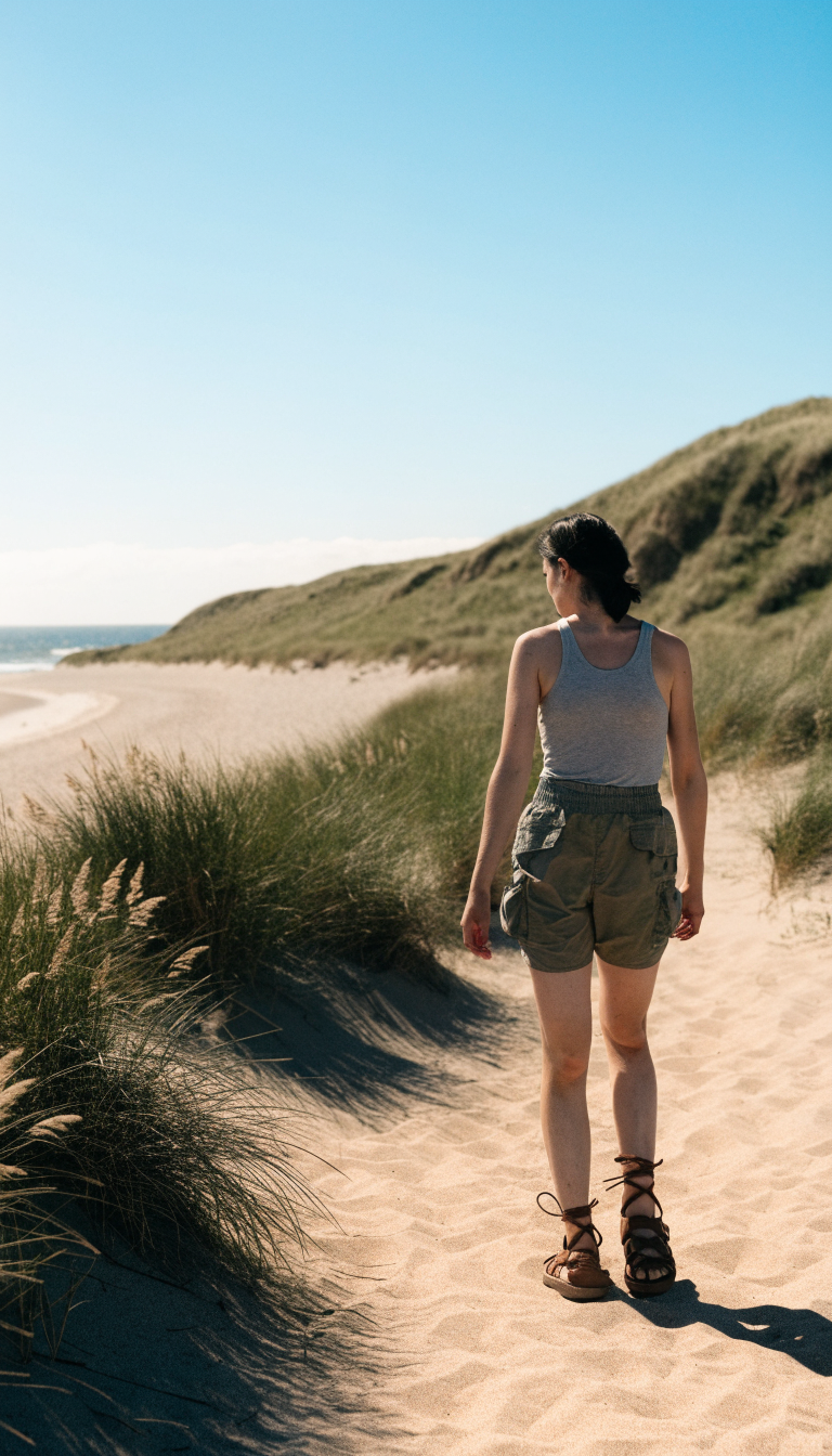 Person in tank top, hiking shorts and trail sandals on sandy beach trail