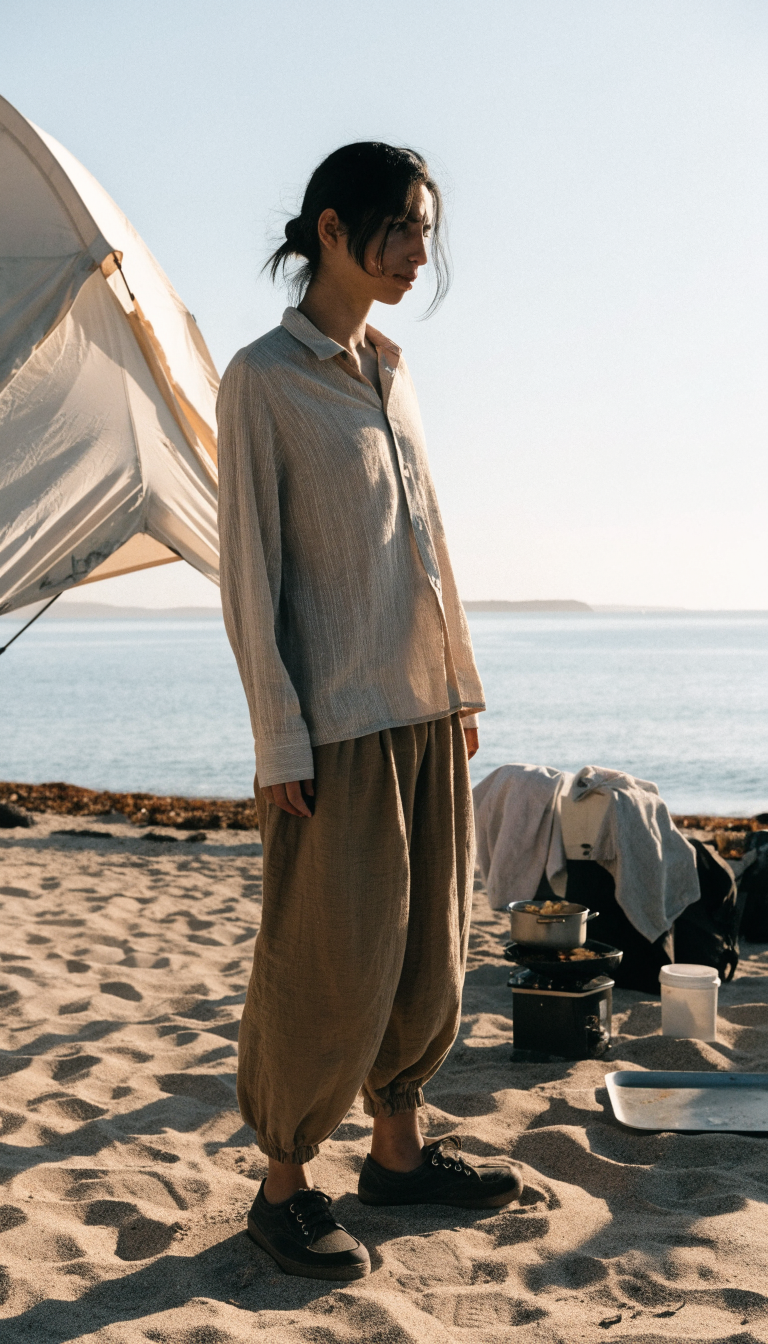 Person in sun shirt, loose long pants and closed shoes at beach camp