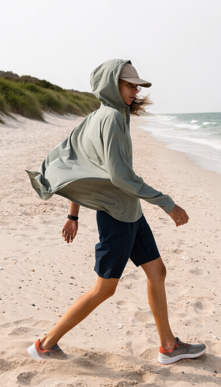 Person in hooded sun shirt, shorts and cap walking on a windy beach