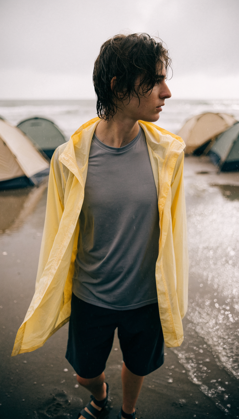 Person in rain jacket, tee, shorts and sandals on wet rainy beach