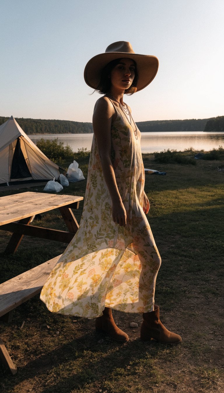 Woman in flowy boho maxi dress, hat and ankle boots at lakeside campsite at sunset