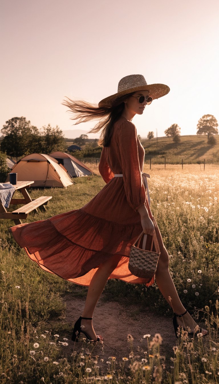 Woman in tiered midi dress and straw hat walking in meadow at golden hour