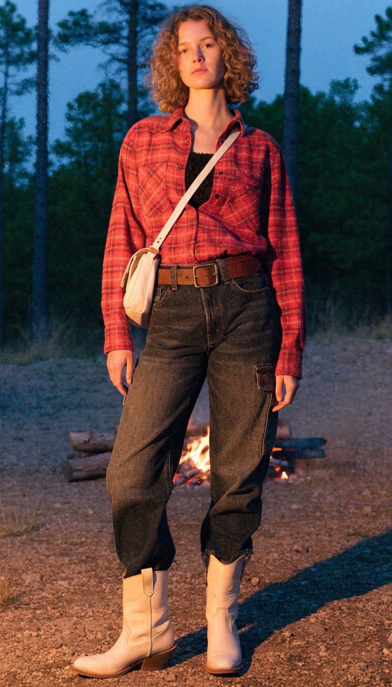 Woman in plaid flannel, dark jeans and ivory western boots by campfire at dusk