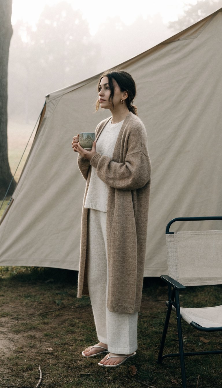 Woman in cream knit lounge set holding coffee outside tent on foggy morning
