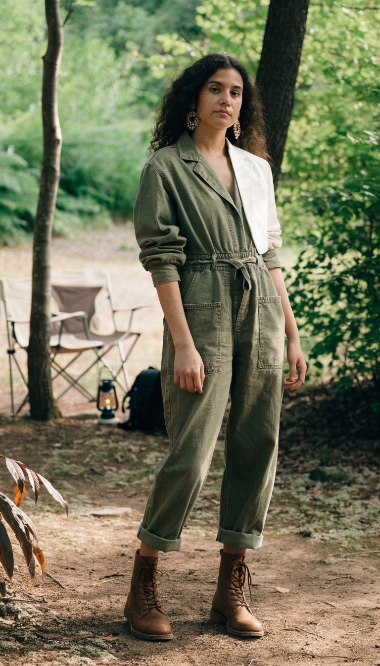 Woman in olive utility jumpsuit and ankle boots on forest trail by campsite