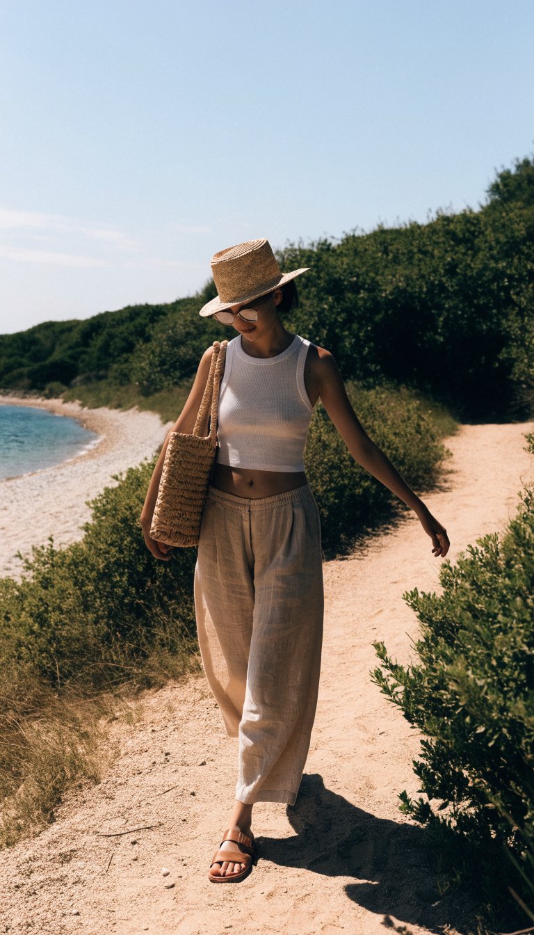 Woman in wide-leg linen pants, cropped tank and straw hat on sunny trail