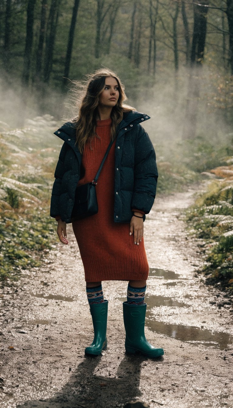 Woman in sweater dress, hiking socks and rain boots on misty wet trail
