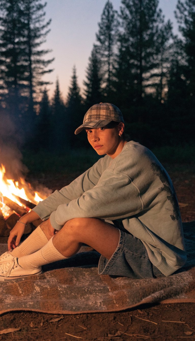 Woman in denim shorts, sweatshirt and high socks lounging by campfire