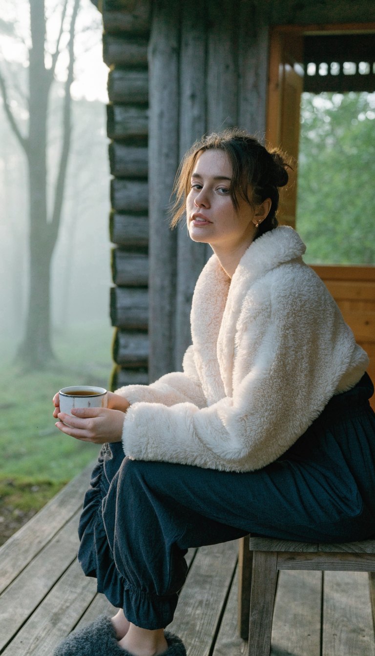 Woman in fluffy cream robe and romper with coffee on cabin porch at dawn