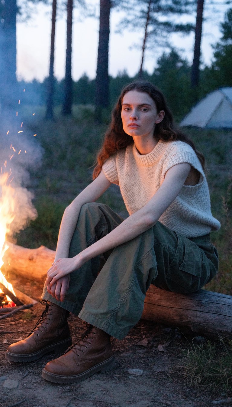 Woman in cream sweater and olive cargo pants sitting by campfire