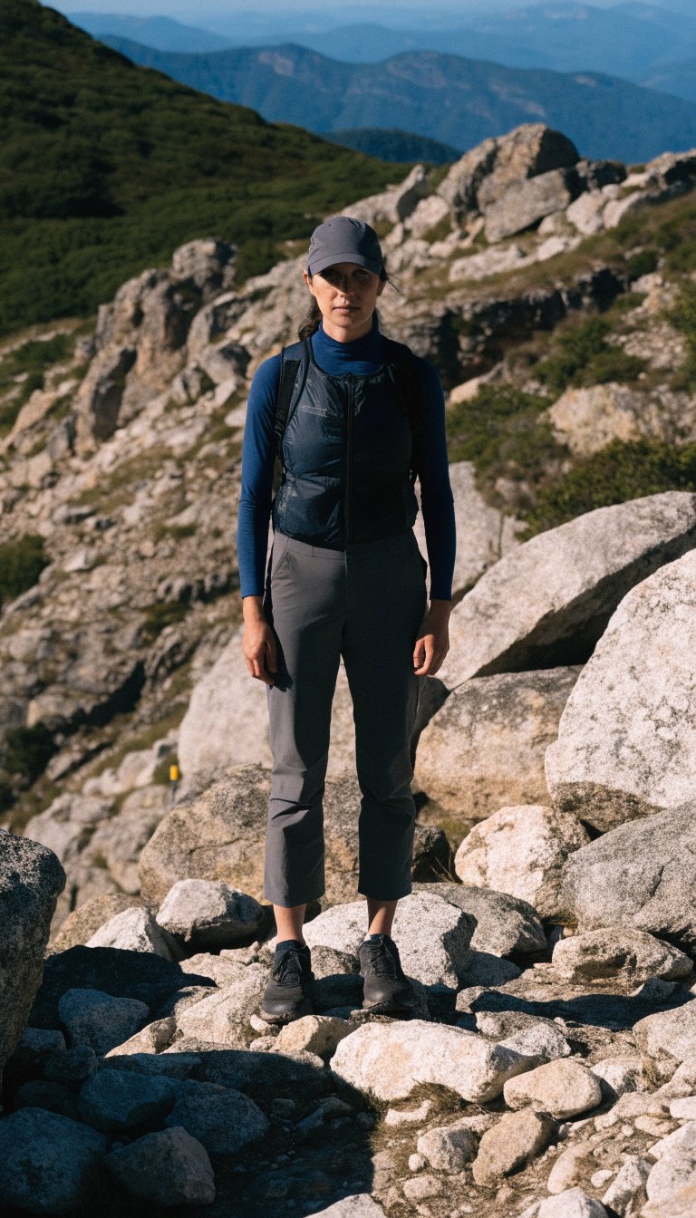 Woman in charcoal hiking trousers and vest on mountain trail