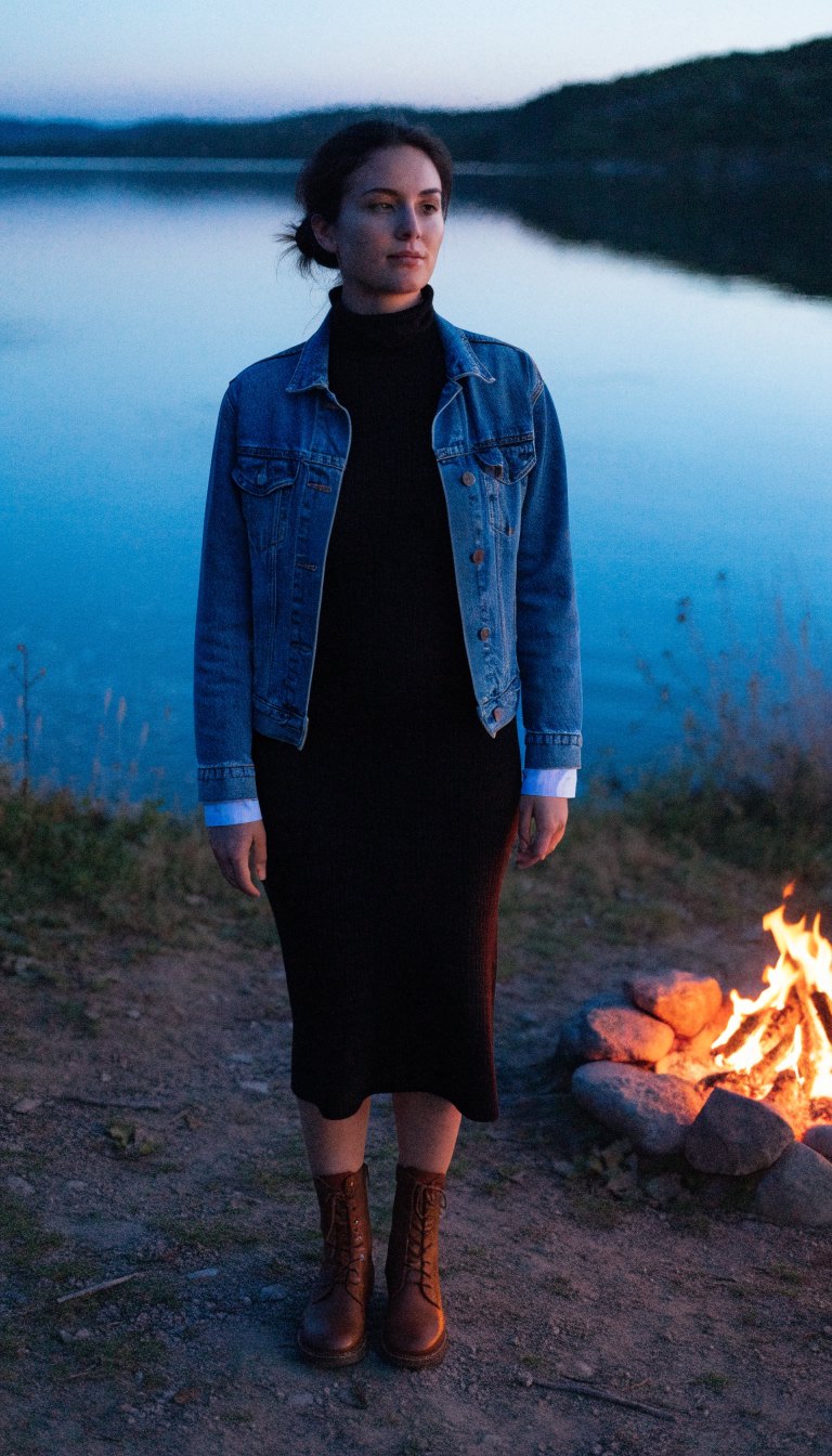 Woman in black knit dress and denim jacket by evening campfire