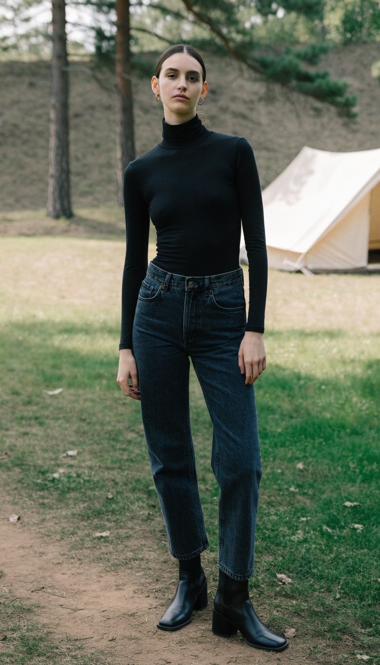 Woman in black turtleneck and dark jeans with ankle boots at campsite