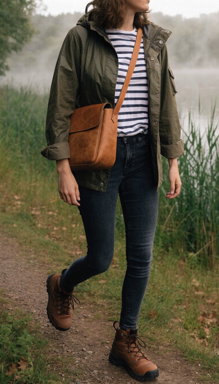 Woman in waxed field jacket and striped tee walking on misty trail