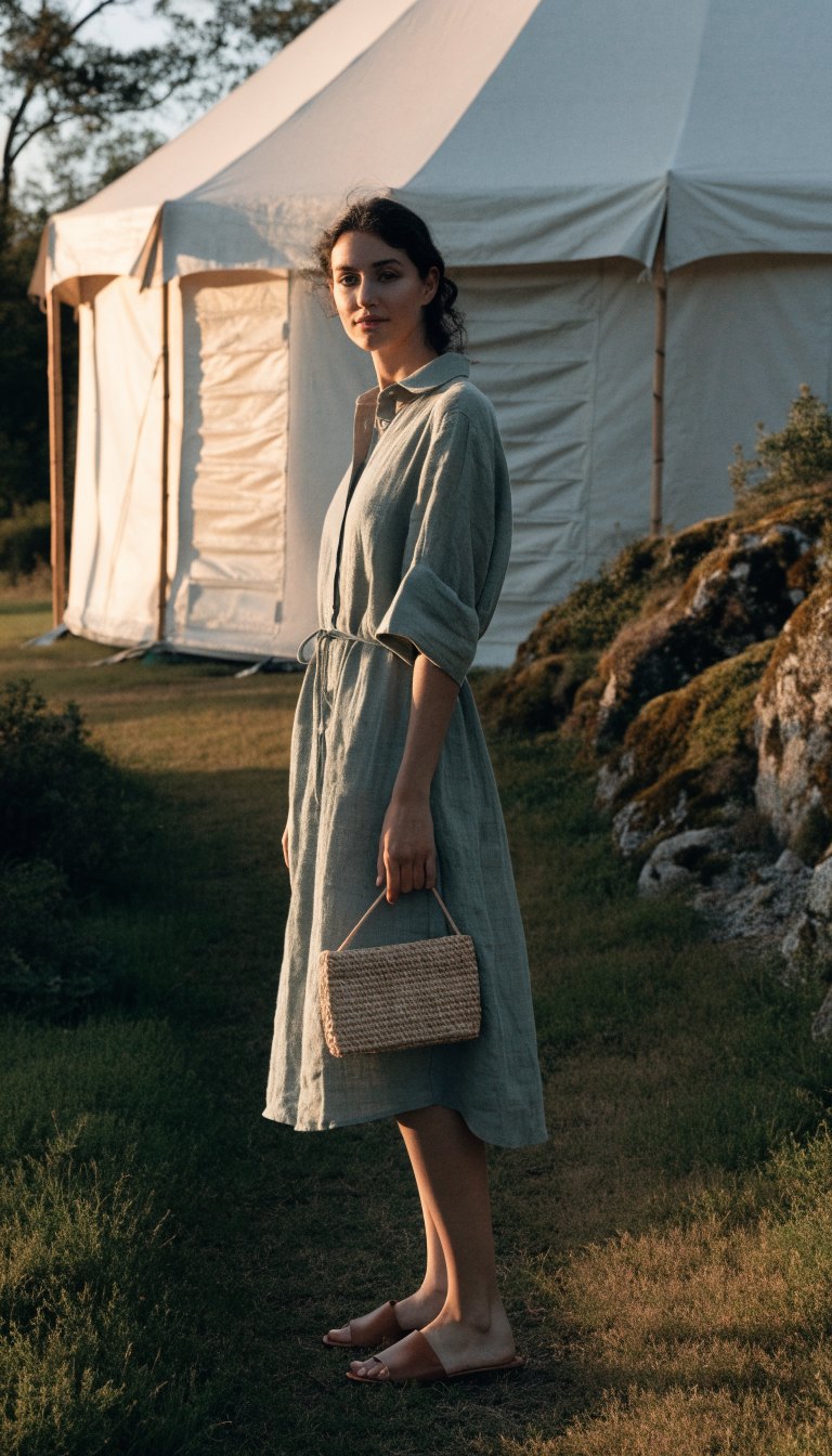 Woman in sage linen shirt dress and leather sandals at glamping tent