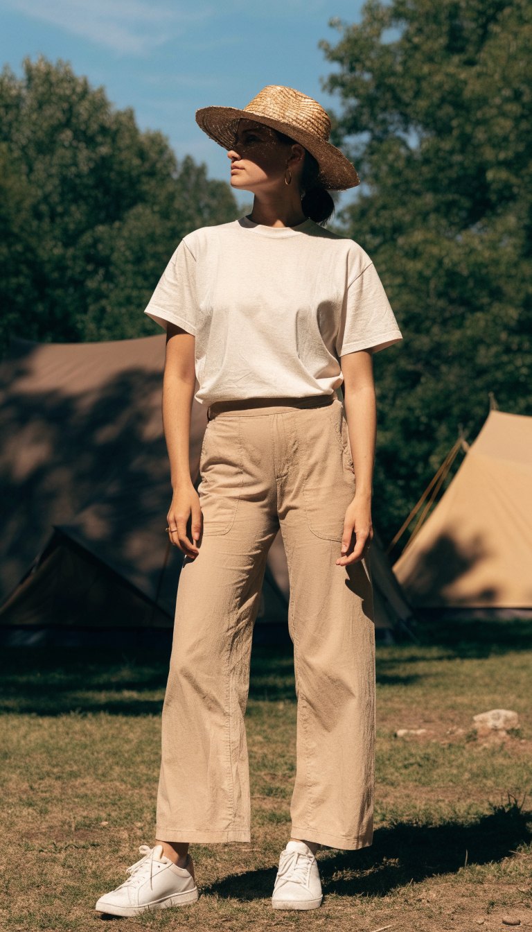 Woman in ivory tee and beige wide-leg trousers with white sneakers