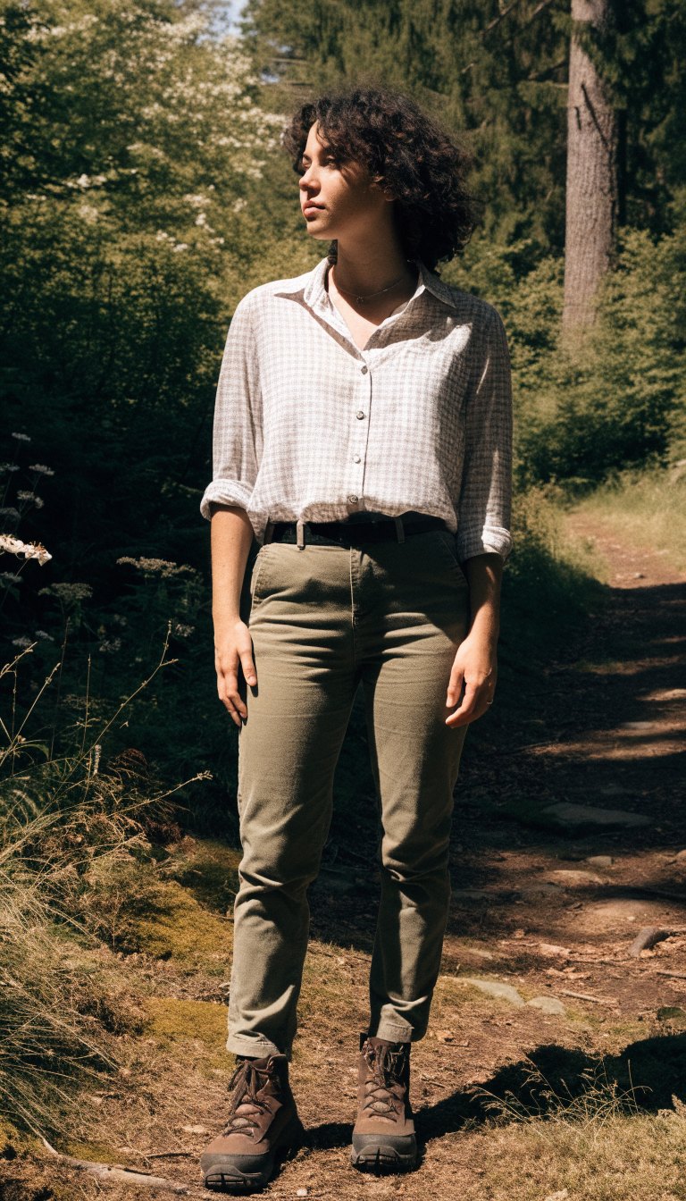Woman in checked shirt and olive chinos with boots on forest trail