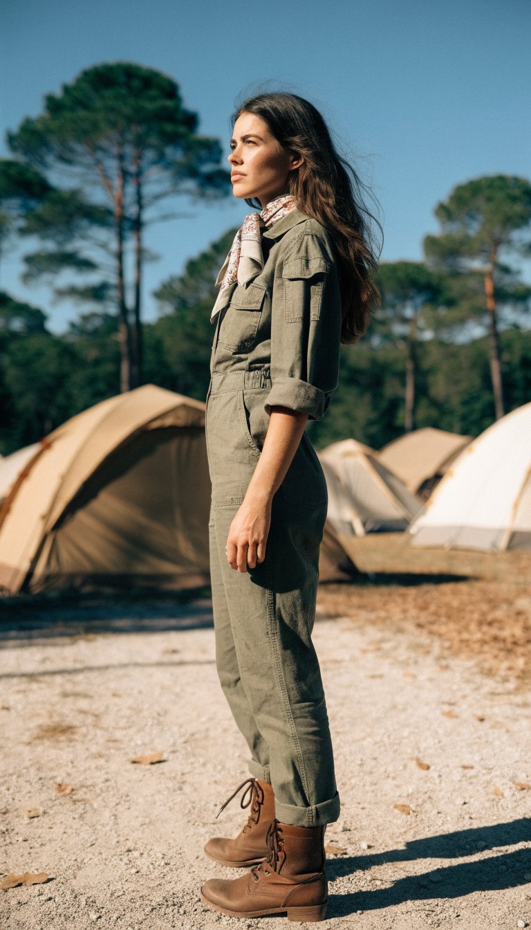Woman in olive utility jumpsuit with neck scarf and ankle boots