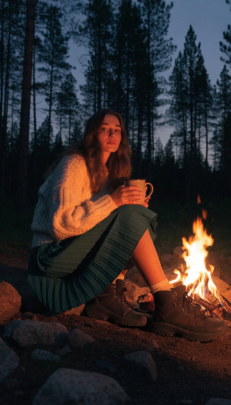 Woman in cream knit and green pleated skirt by campfire