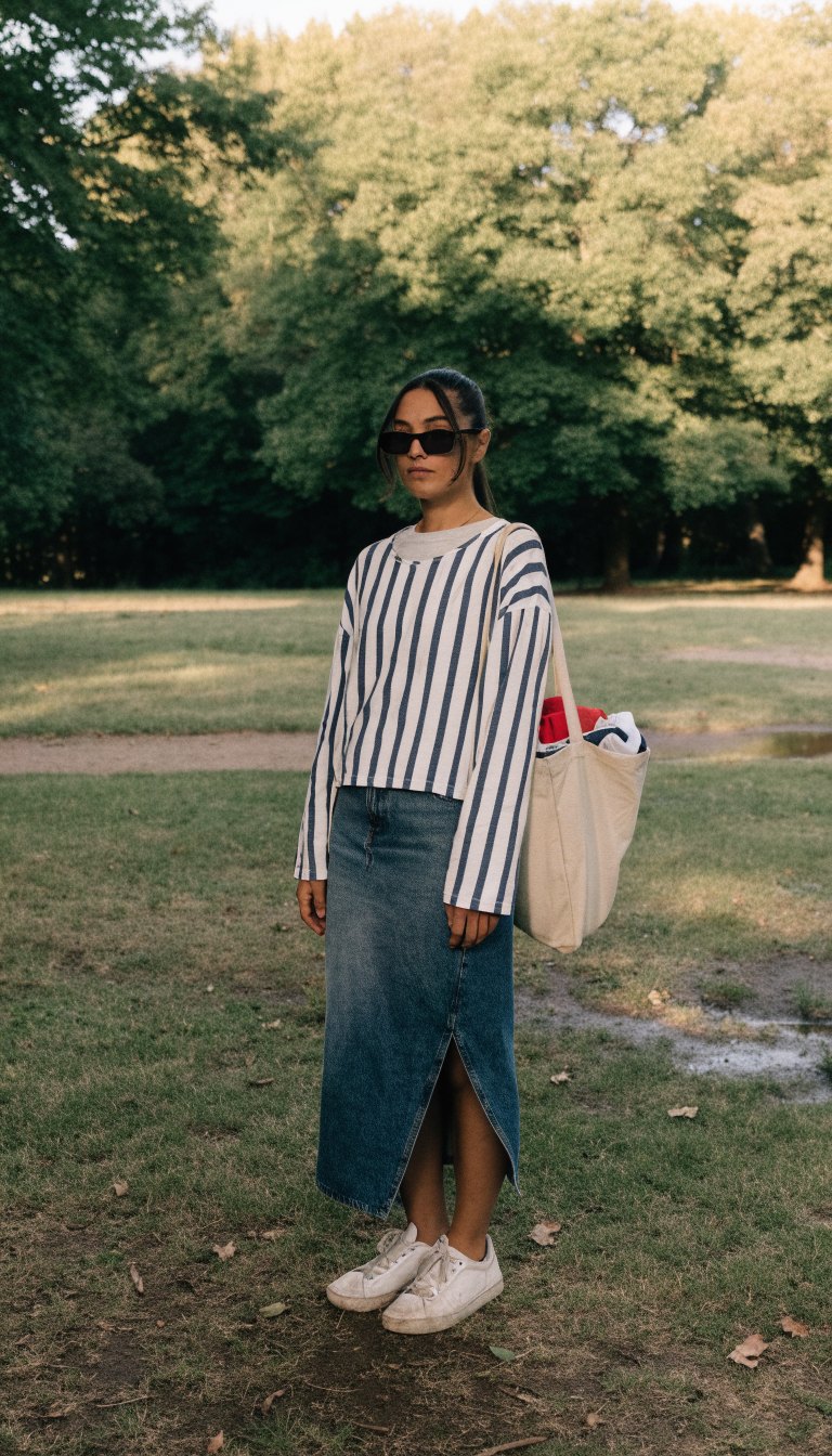 Woman in striped top and denim midi skirt with sneakers at camp