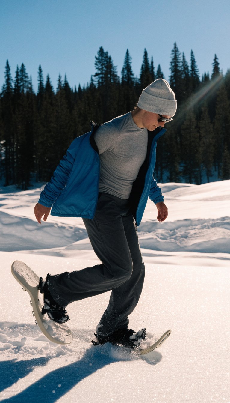 Hiker snowshoeing in light layers on a sunny snowfield