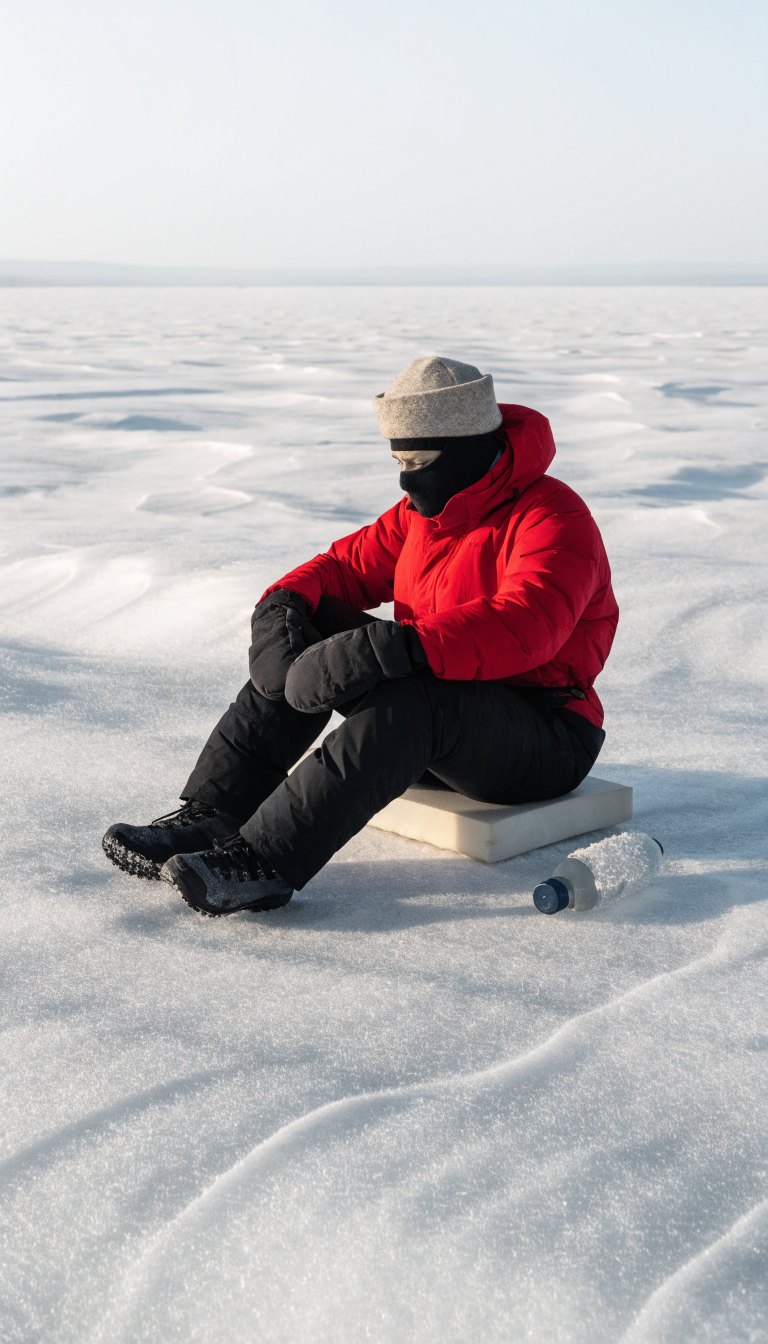 Bundled person sitting on ice in parka and bib pants