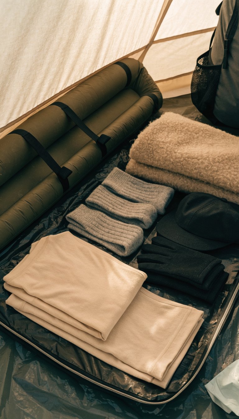Folded spare dry layers beside a dry bag in a tent