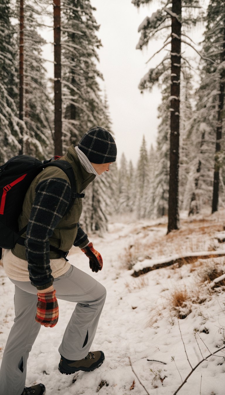 Hiker in midweight layers hiking a snowy forest trail