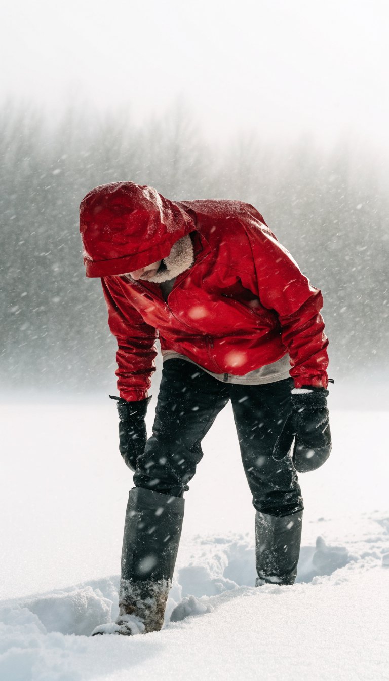 Hiker in waterproof shell and tall gaiters in deep powder