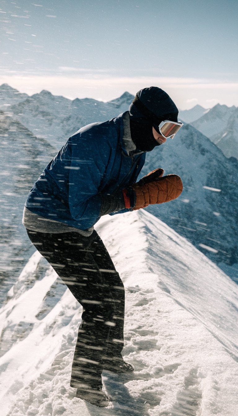 Hiker in windproof layers with balaclava on a windy ridge