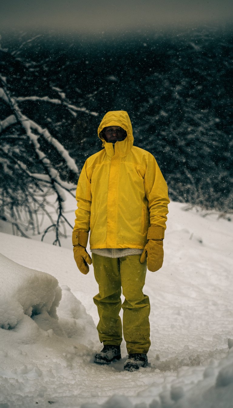 Hiker in waterproof shell jacket and pants in wet snow