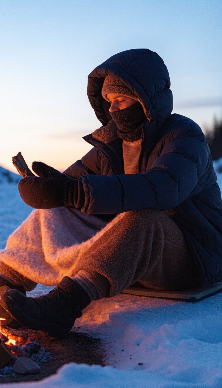 Camper in puffy jacket and booties by a snowy campfire