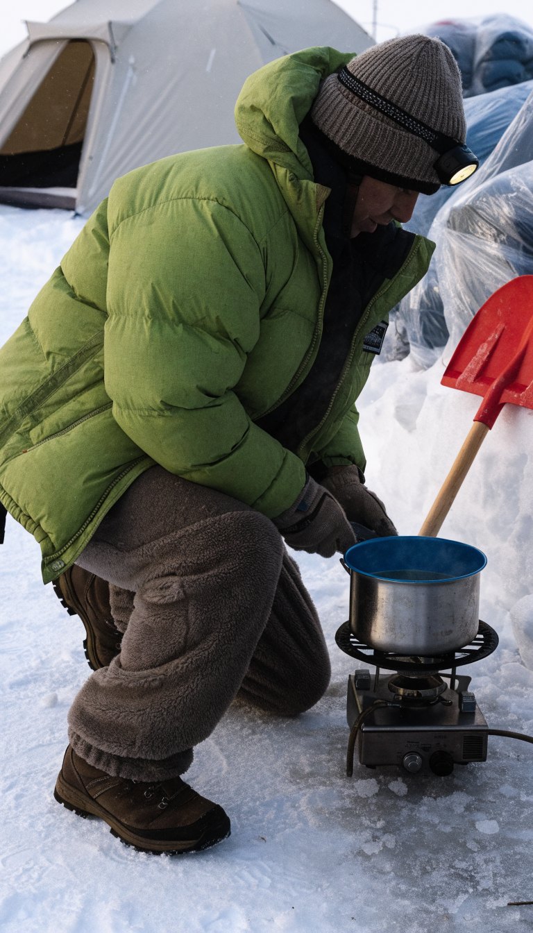 Camper cooking at a camp stove wearing liner gloves