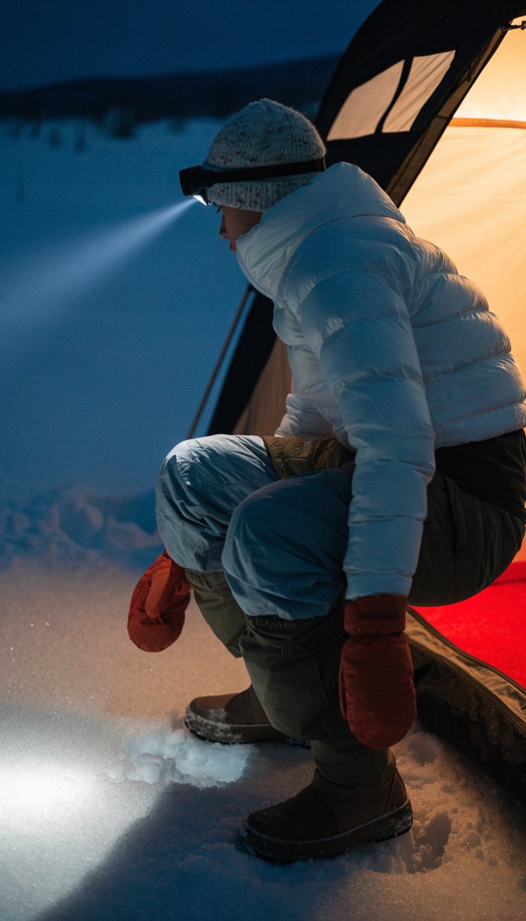 Camper in puffy jacket exiting tent at night in snow