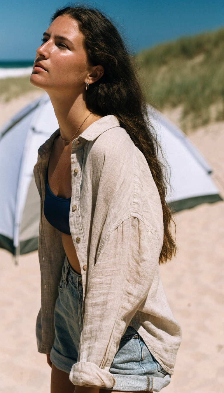 Woman in beige linen shirt over swimsuit and denim shorts at sandy campsite