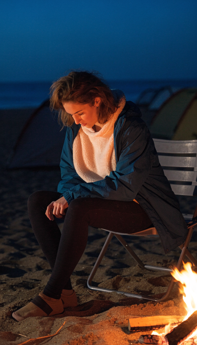 Woman in fleece and windbreaker sitting by beach campfire at night