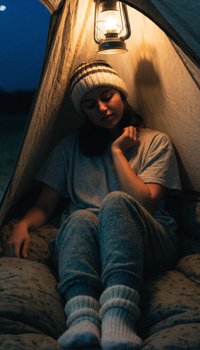 Woman in tee, joggers, socks and beanie relaxing in tent at night