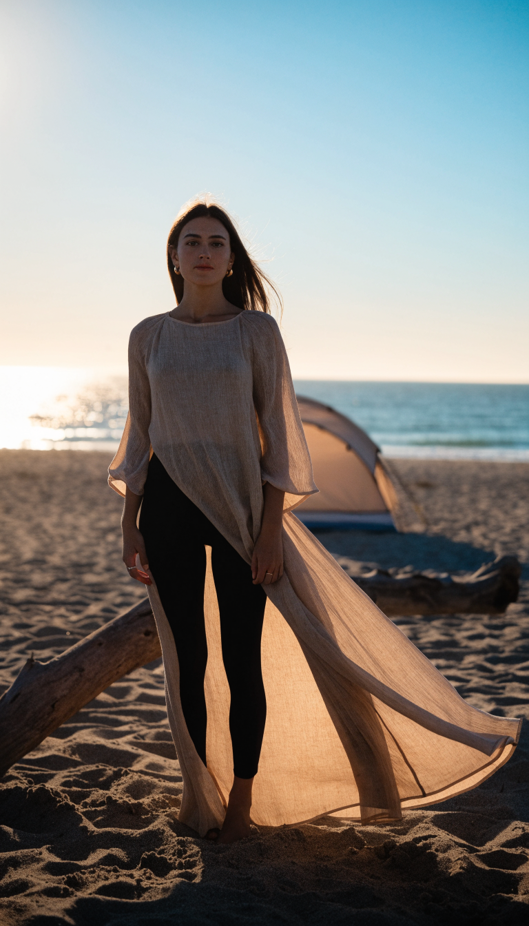 Woman in light maxi dress over leggings at beach campsite at sunset