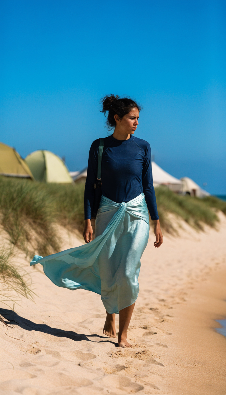 Woman in navy rash guard and aqua sarong walking at sunny beach camp