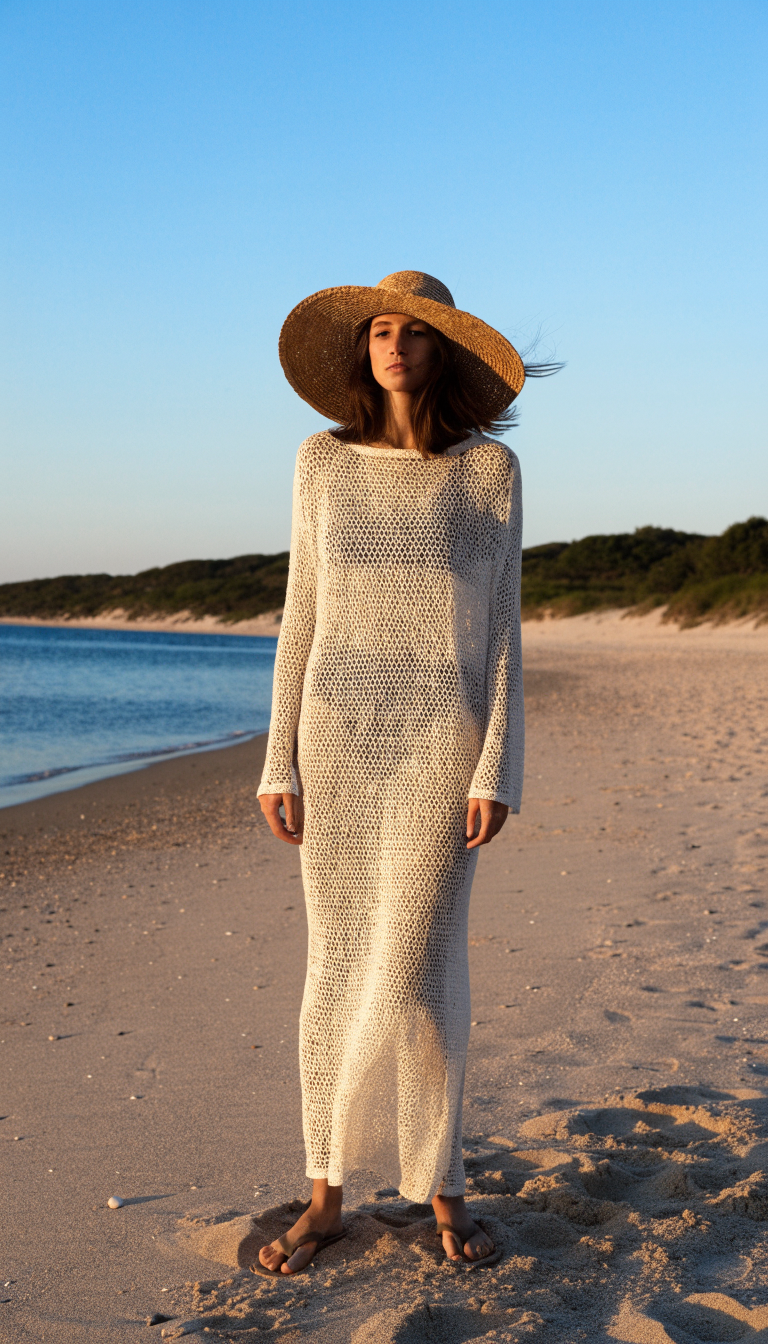 Woman in cream crochet cover-up dress over swimsuit on beach at sunset