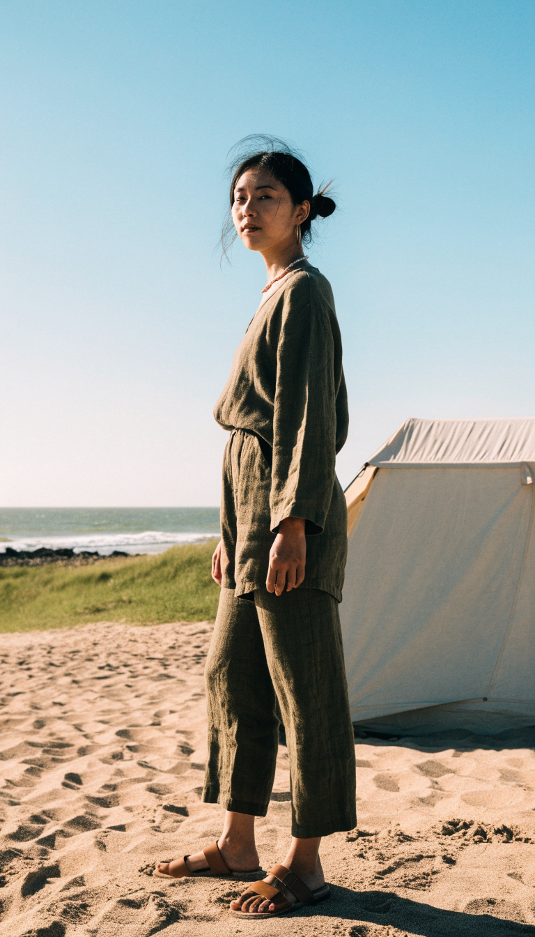 Woman in loose olive romper and sandals standing at beach campsite