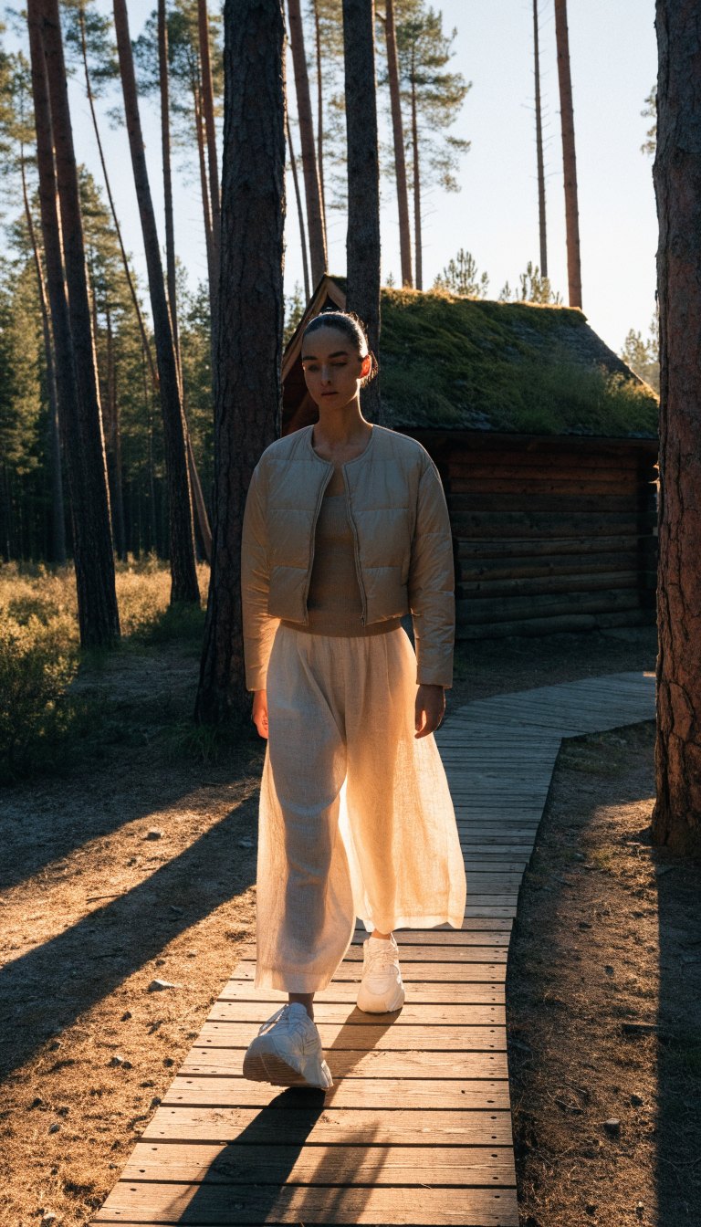 Person in quilted jacket and wide-leg pants on trail at sunset