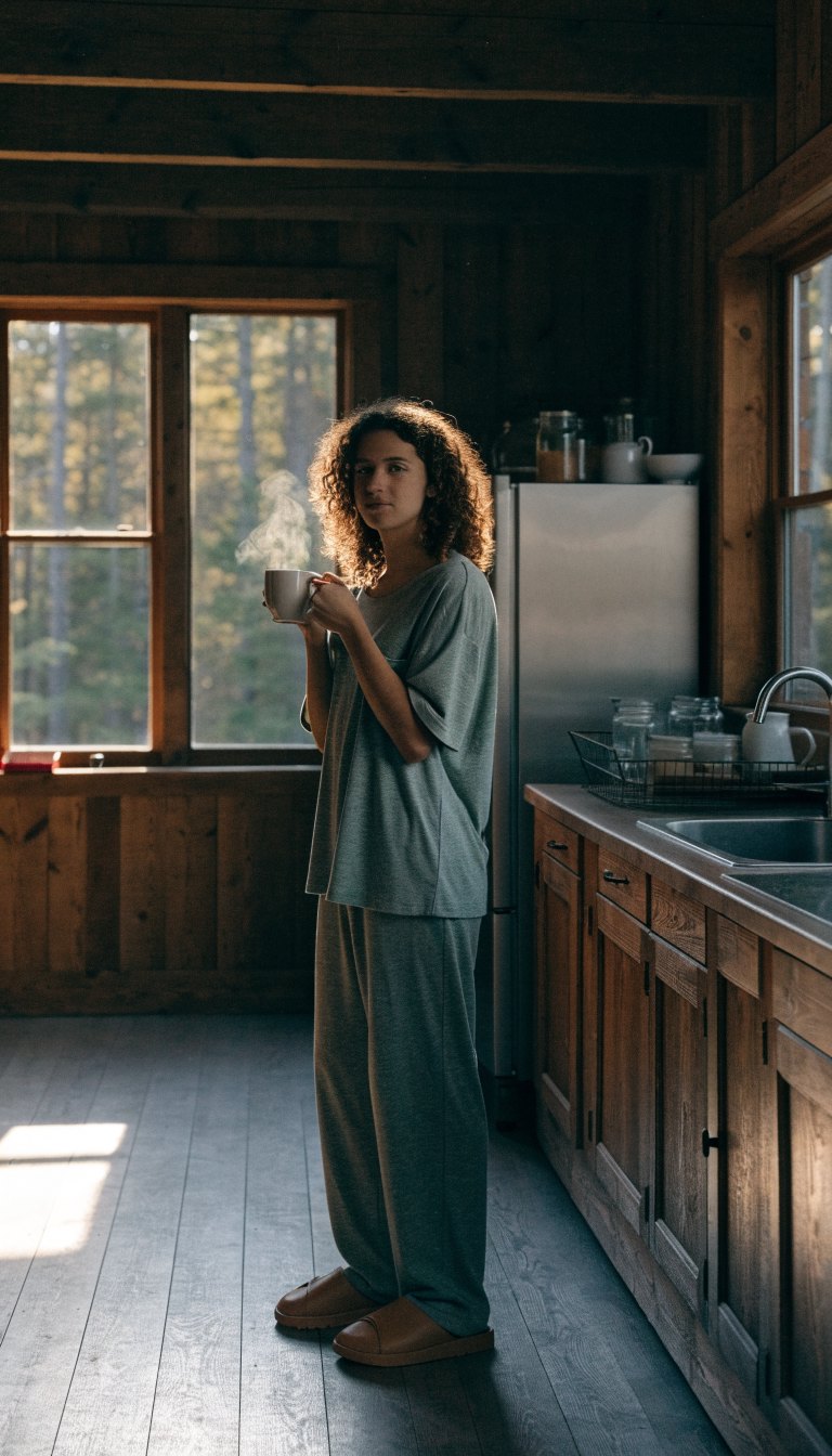 Person in cozy pajamas and slippers in cabin kitchen morning