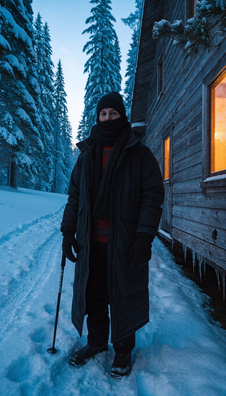 Person in winter parka, beanie, scarf and gloves by snowy cabin