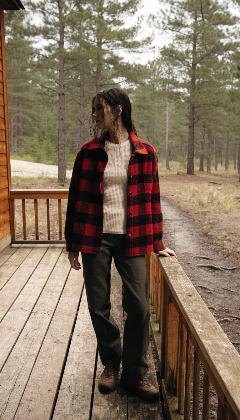 Woman on cabin porch wearing plaid shacket over cream thermal top