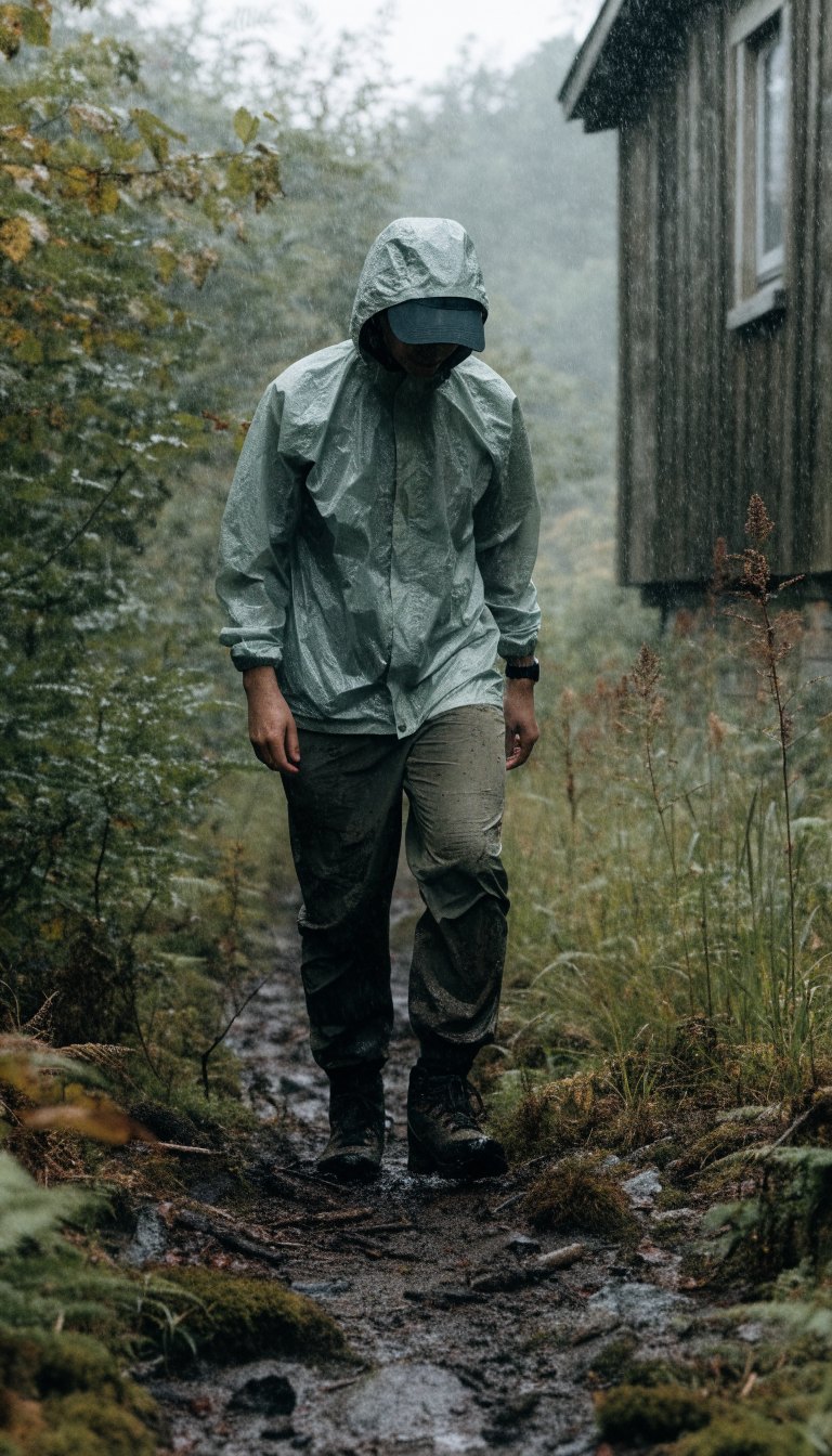 Hiker in green rain jacket and hiking pants on rainy muddy trail