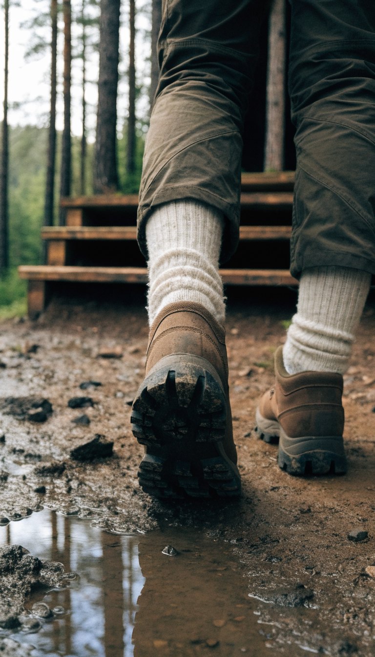 Brown hiking boots with wool socks on muddy forest trail