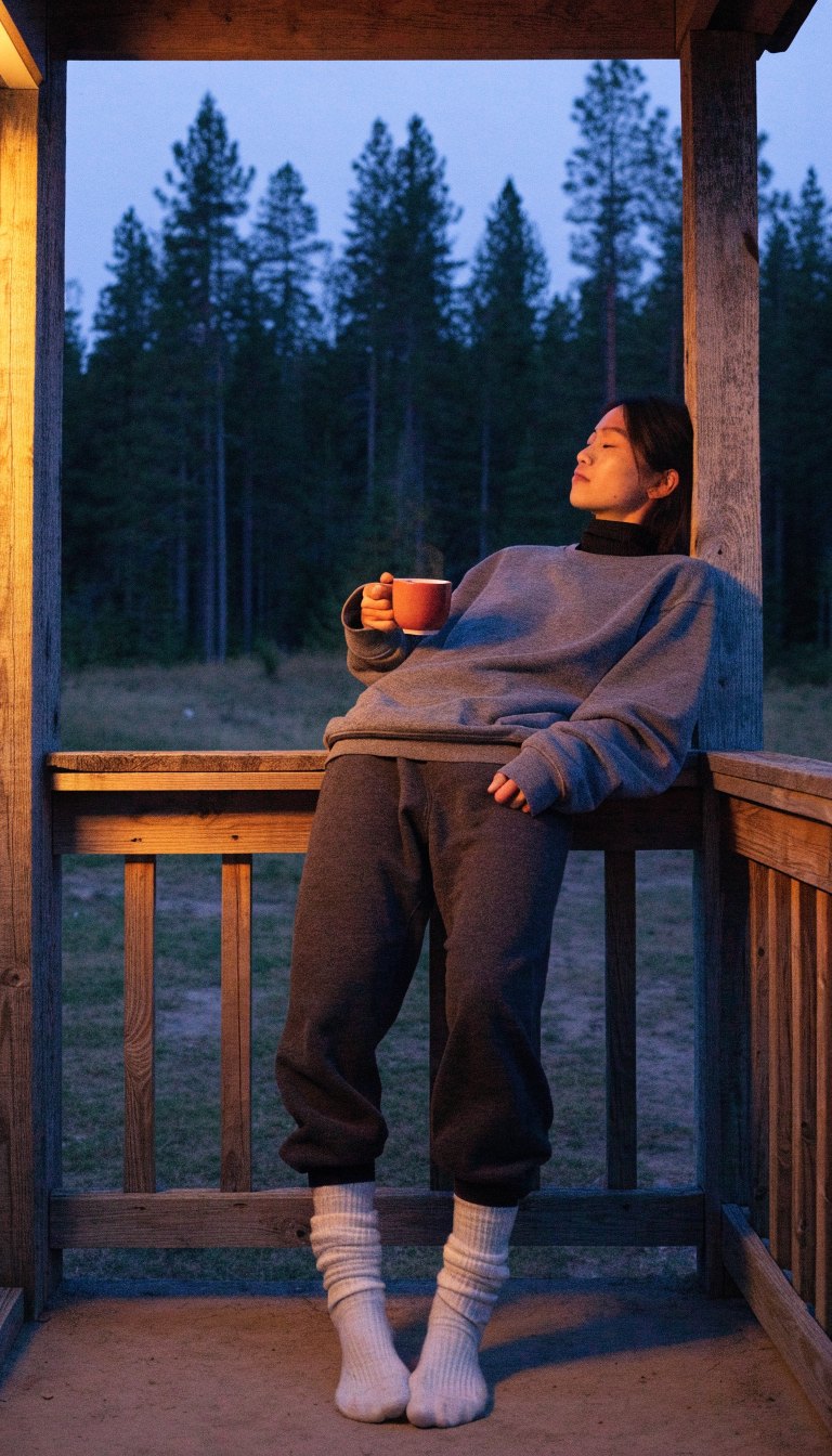 Person in thermal top, sweatshirt and joggers on cold cabin porch