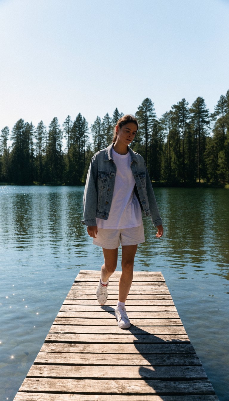 Person in denim jacket and white tee walking on lake dock